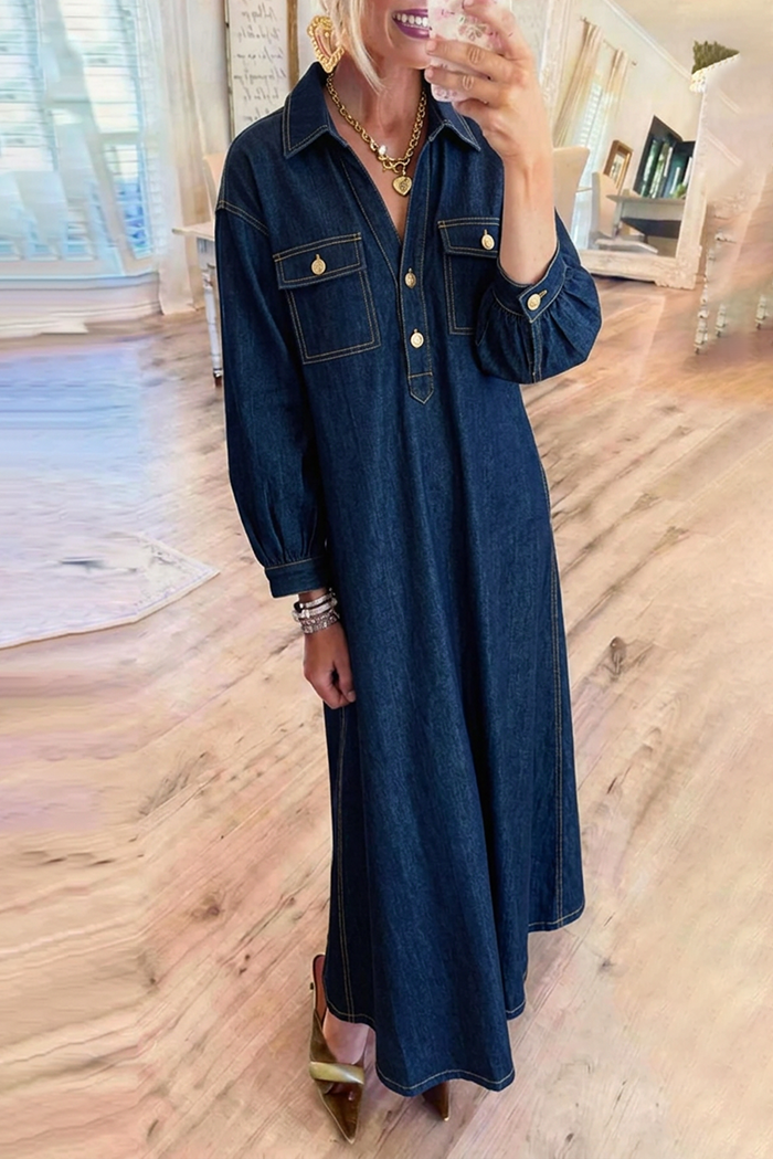 Gold Button Pocket Denim Maxi Dress