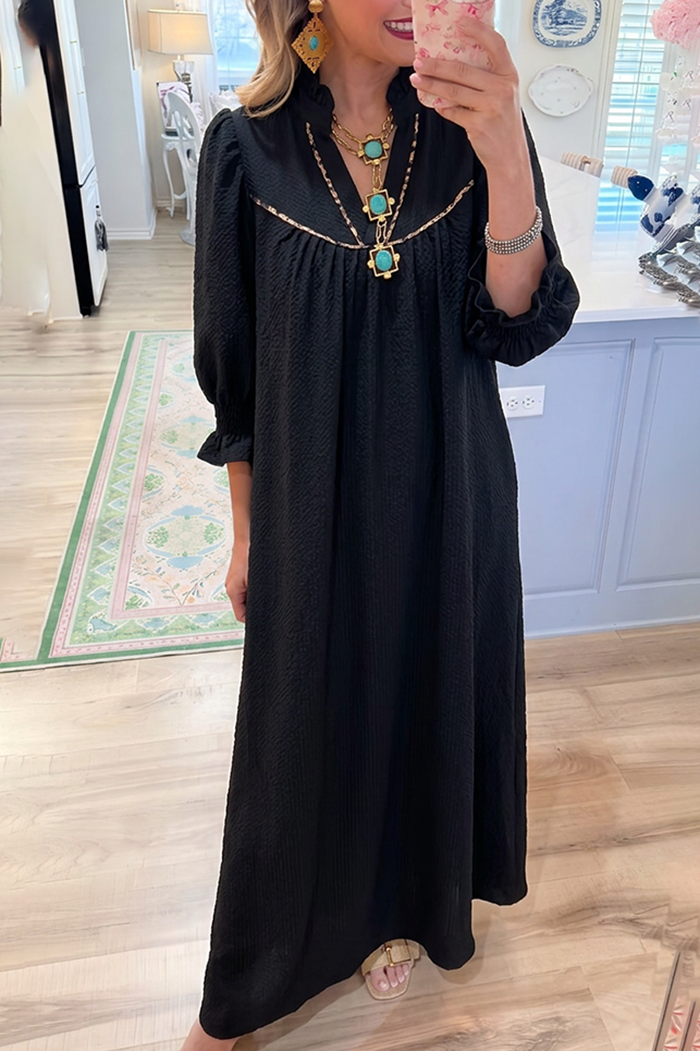 Black Ruffle Collar Leopard Trim Puff Sleeve Maxi Dress