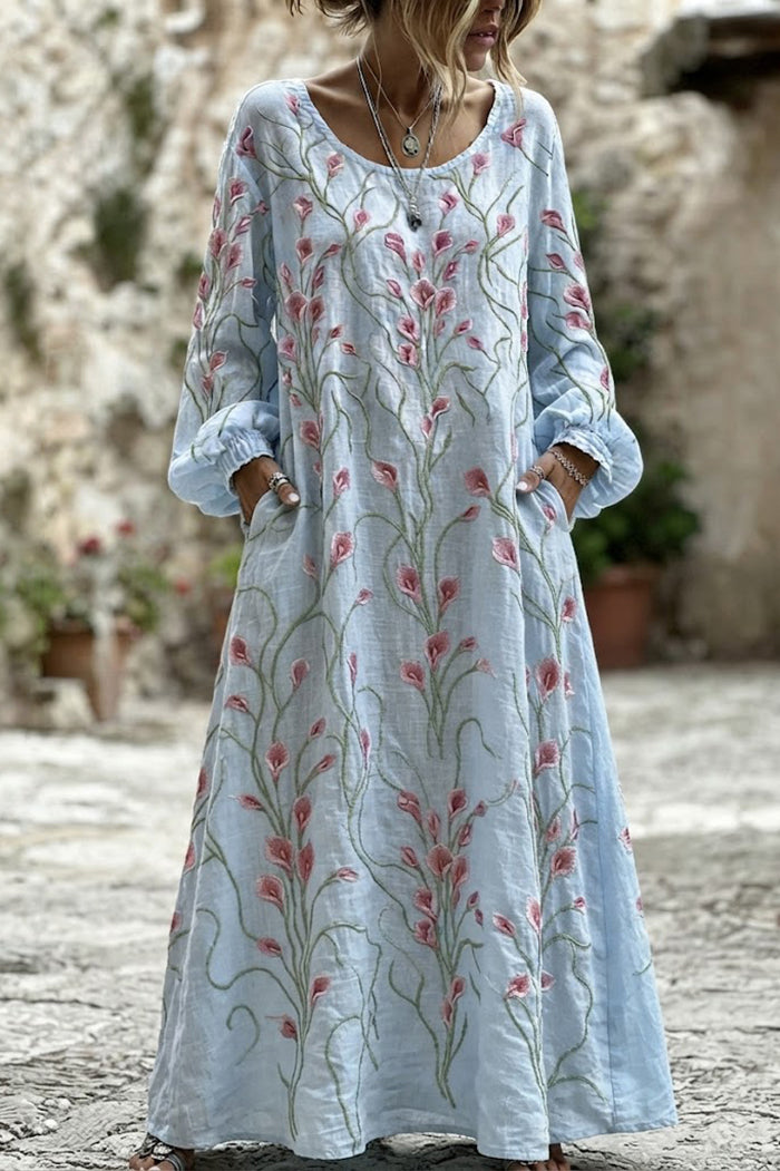 Casual Floral Embroidered Maxi Dress