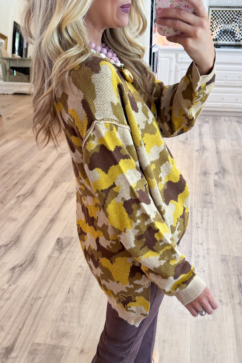 Olive Camouflage Knit Pattern Sweater