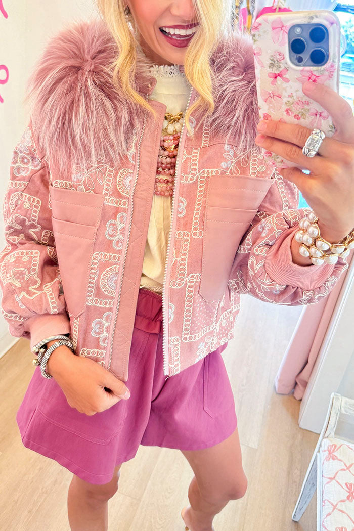 Dusty Pink Sequin Detail Fur Collar Zip Front Pocket Jacket