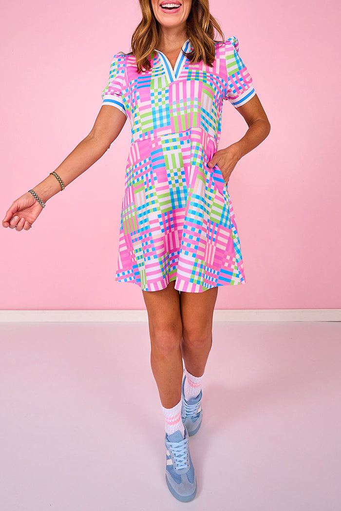 Geo Ribbed Collar Drop Waist Puff Sleeve Dress