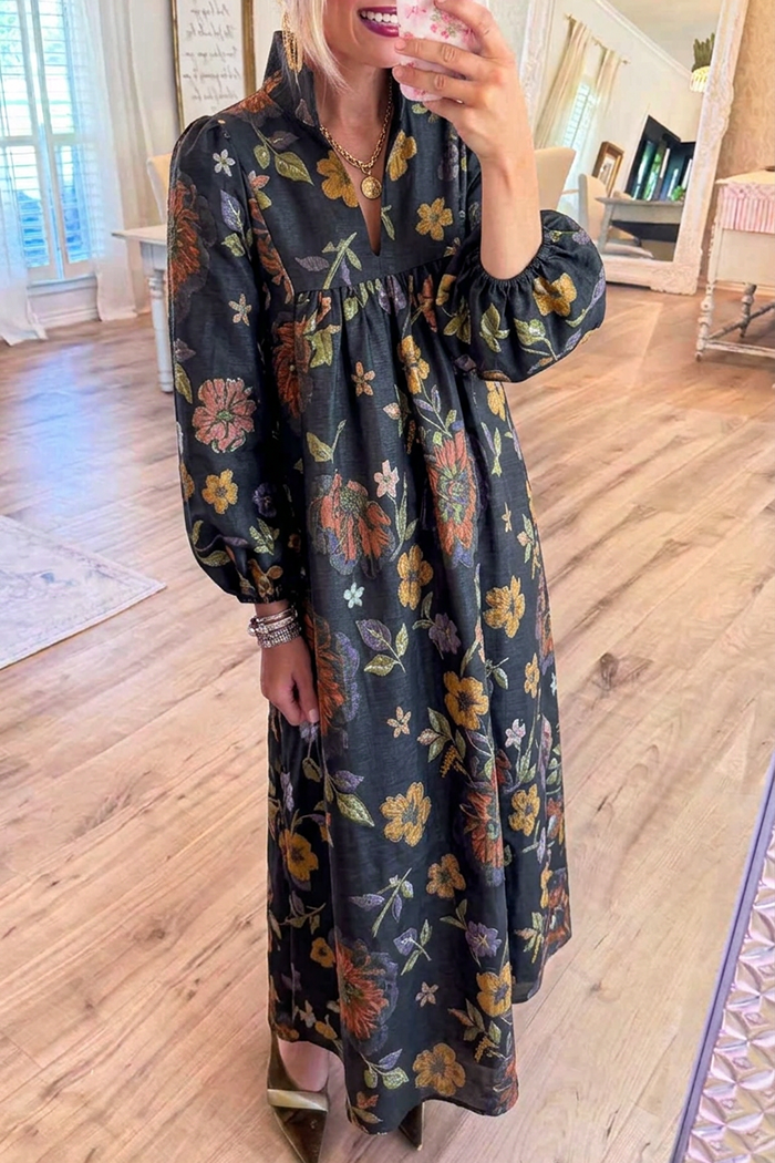 Black Floral Jacquard Gathered Pockets Maxi Dress