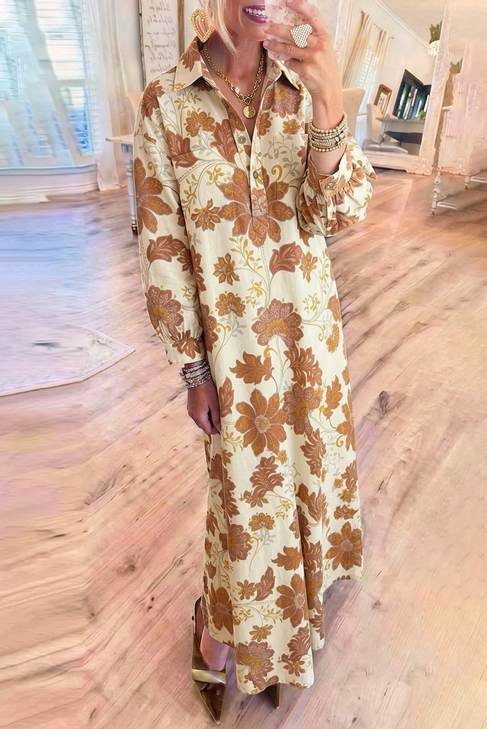 Floral Shirt Collar Pocket Maxi Dress