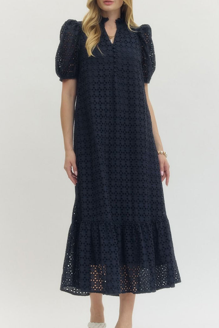 Puff Sleeve Ruffle Eyelet Midi Dress
