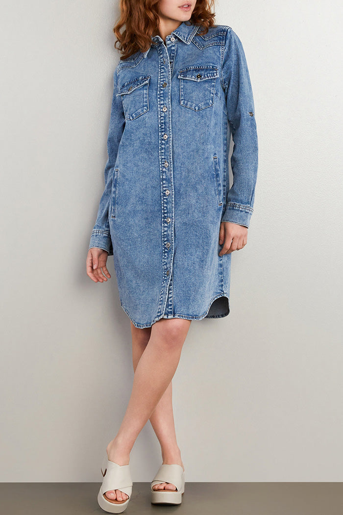 Button Front Pocketed Denim Shirtdress