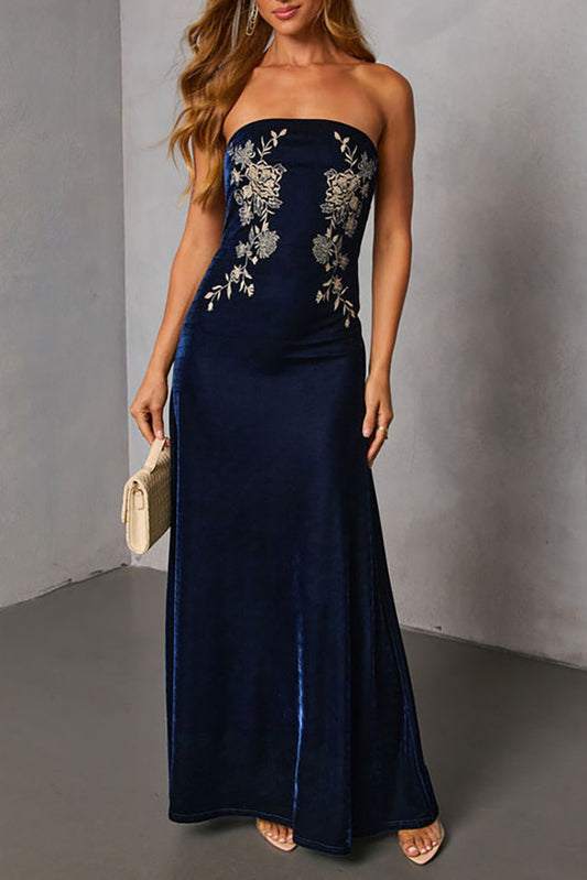 Floral Embroidered Velvet Maxi Dress