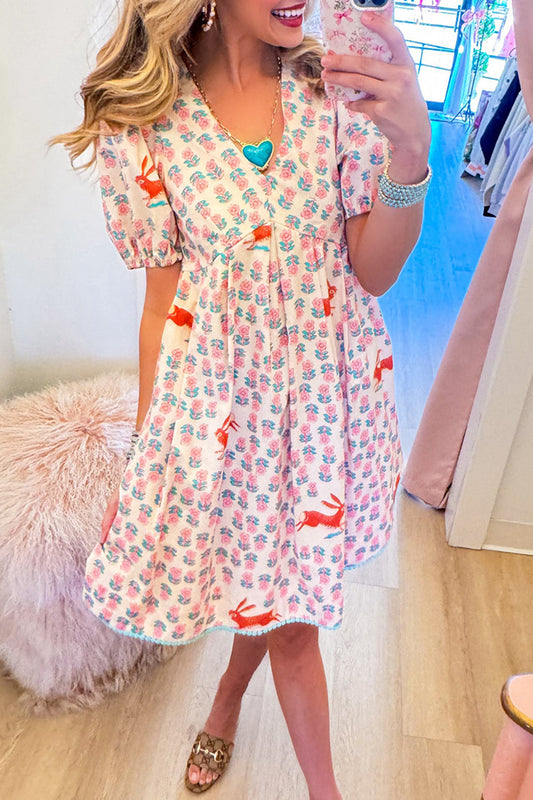 Flower Print Puff Sleeves Dress