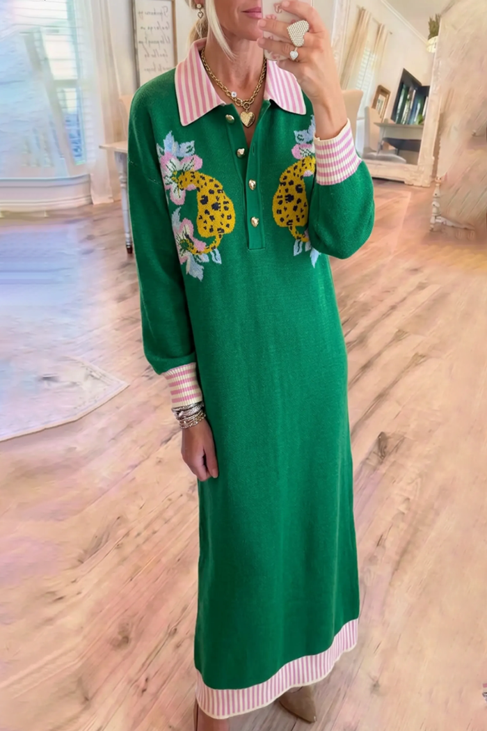 Green Leopard Floral Jacquard Stripe Collar Knit Dress