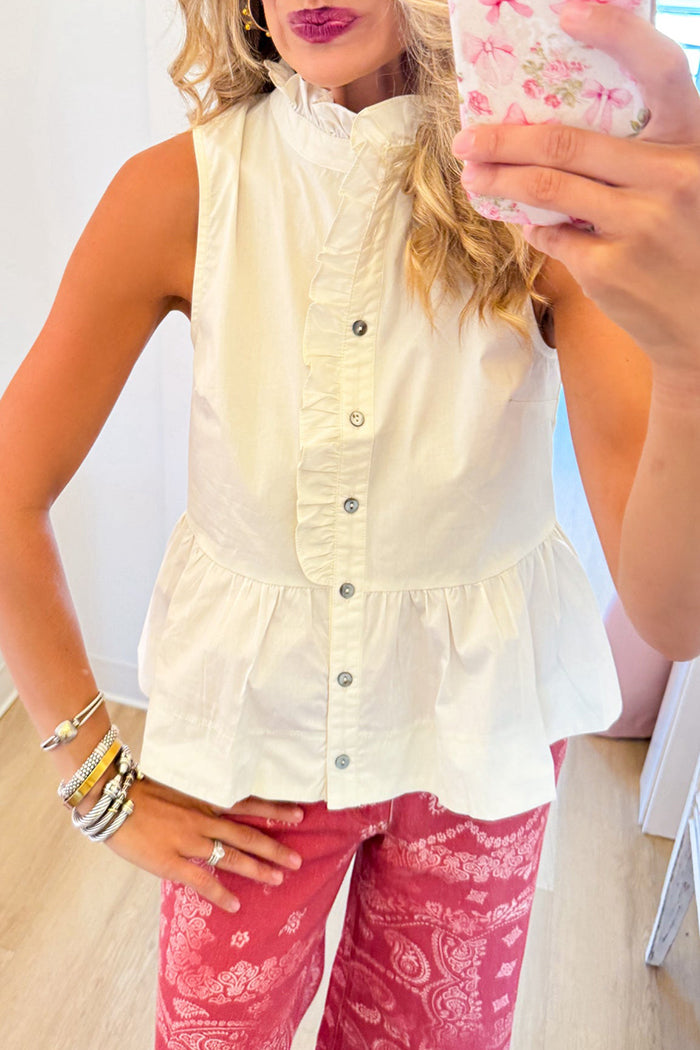 Ruffled Collar Sleeveless Button Front Peplum Top