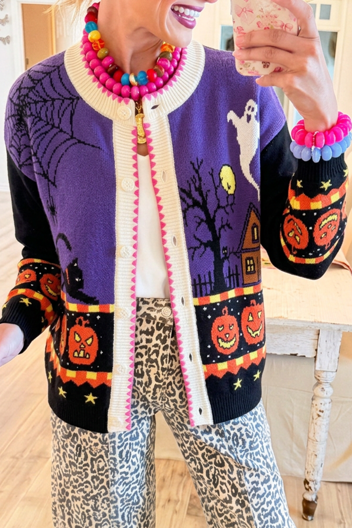 Round Neck Knit Ghost Pumpkin House Jacquard Cardigan