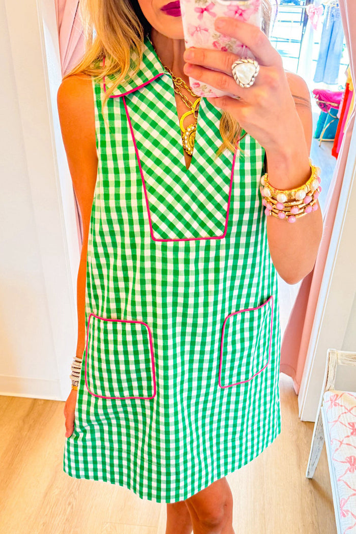 Green Check Print Sleeveless Pocket Mini Dress