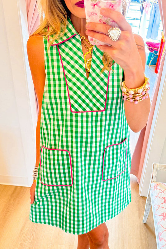 Green Check Print Sleeveless Pocket Mini Dress