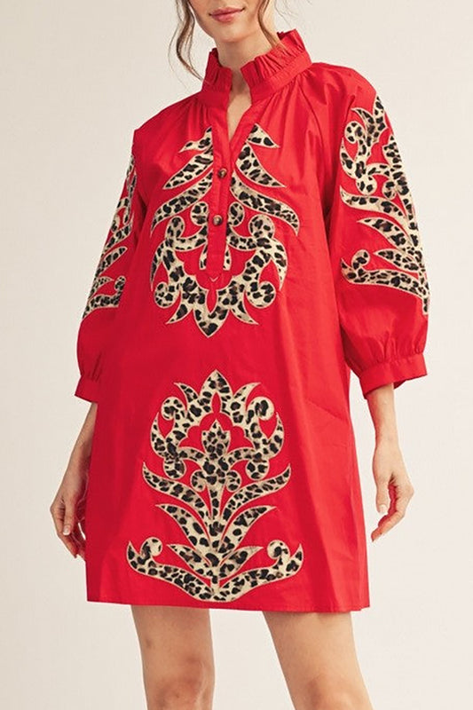 Ruffled Neck Leopard Applique Dress