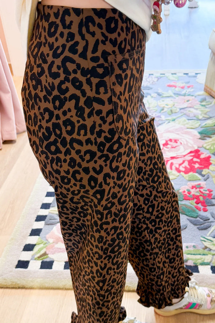 Leopard Ruffle Hem Straight Pants