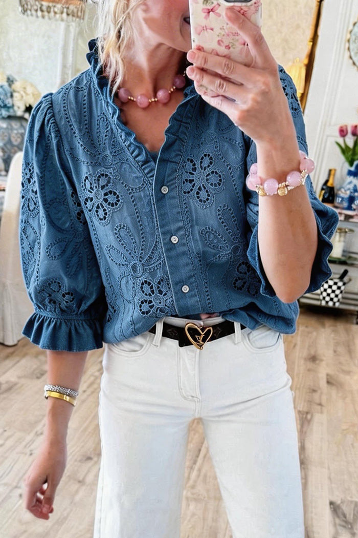 Eyelet Embroidered Denim Top