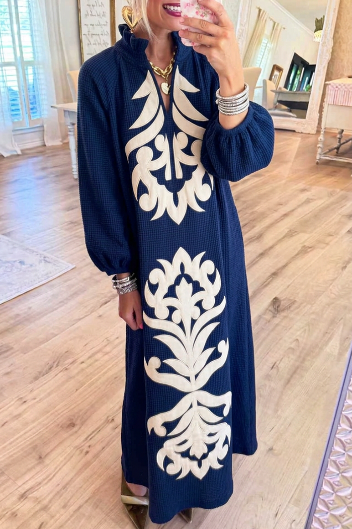 Knit Embroidery Ruffle Stand Collar Long Sleeve Pockets Maxi Dress