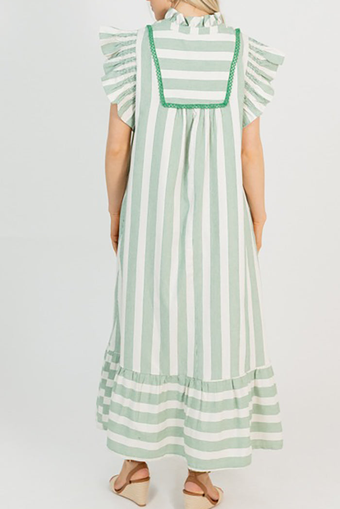 Stripe Flutter Sleeve Pocket Maxi Dress