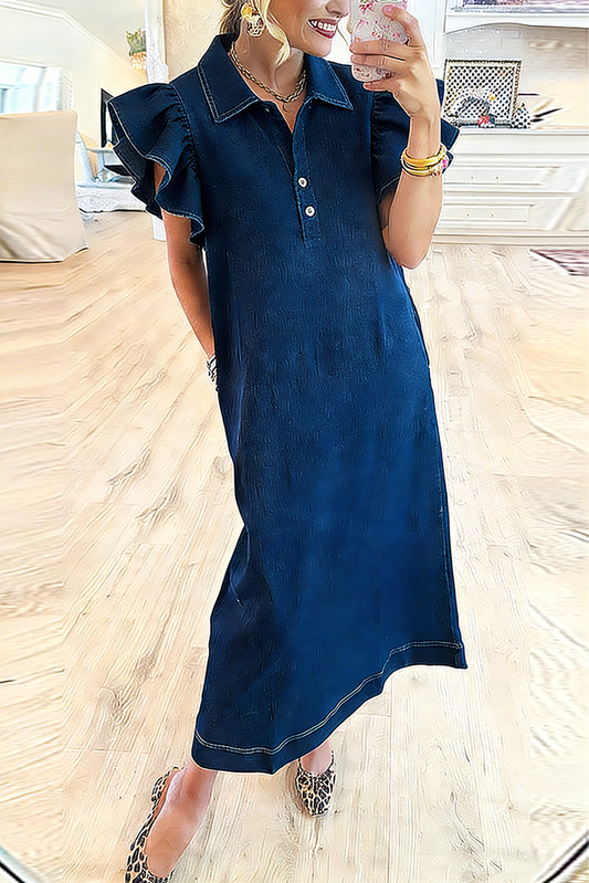 Collared Ruffle Sleeve Pocket Denim Maxi Dress