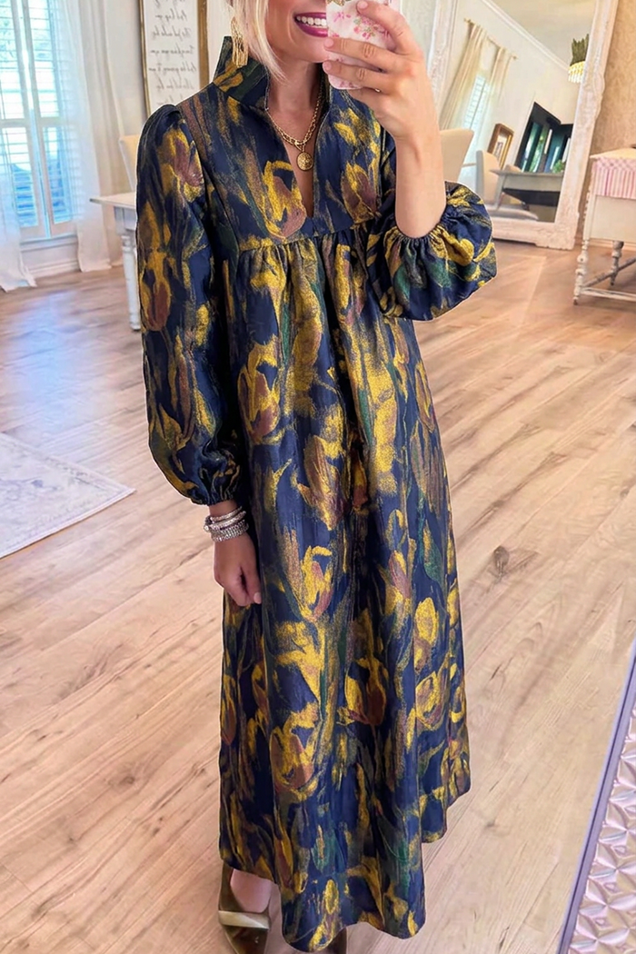 Abstract Floral  Stand Collar Balloon Sleeves Pockets Maxi Dress