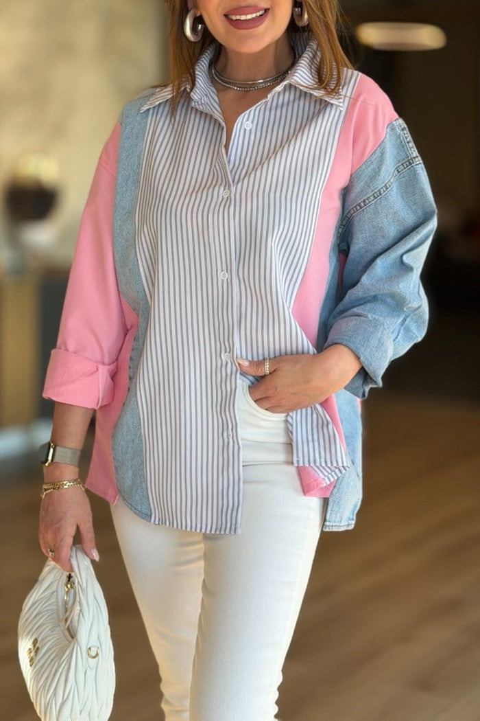 Color Block Denim Pinstripe Shirt Top