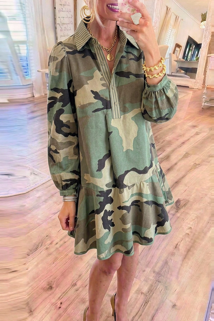 Denim Camo Collared Stripe Contrast Placket Puff Sleeve Shirt Dress