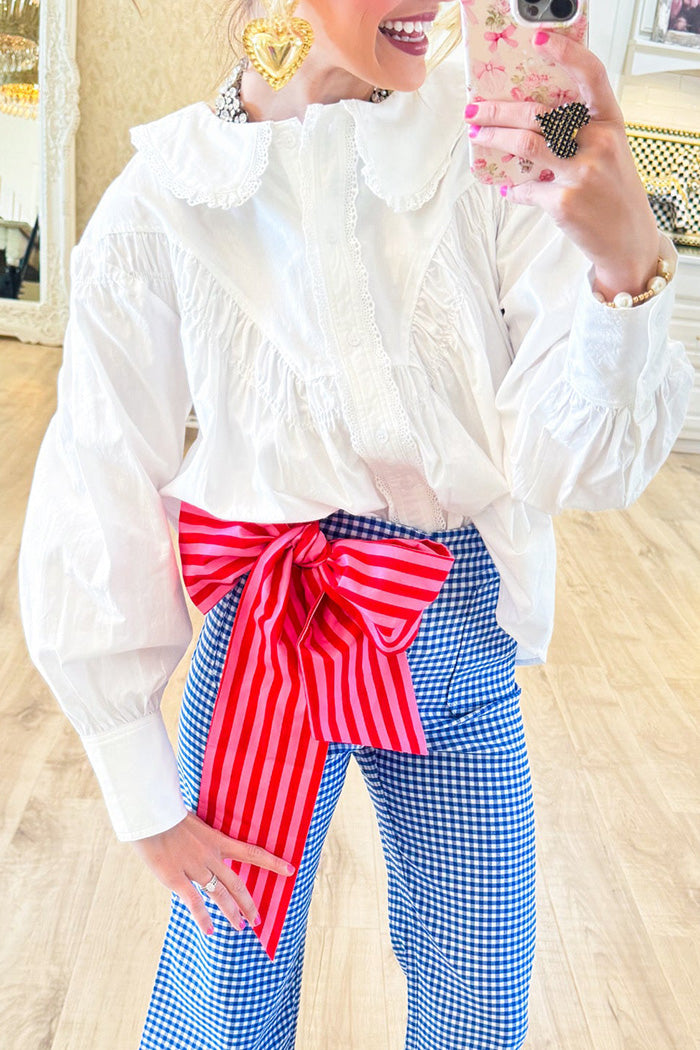 White Poplin Scallop Collar Button Down Top