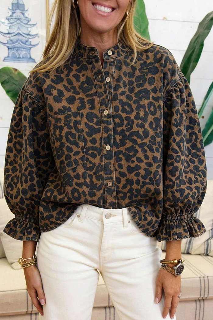 Denim Leopard Puff Sleeve Ruffle Cuff Top