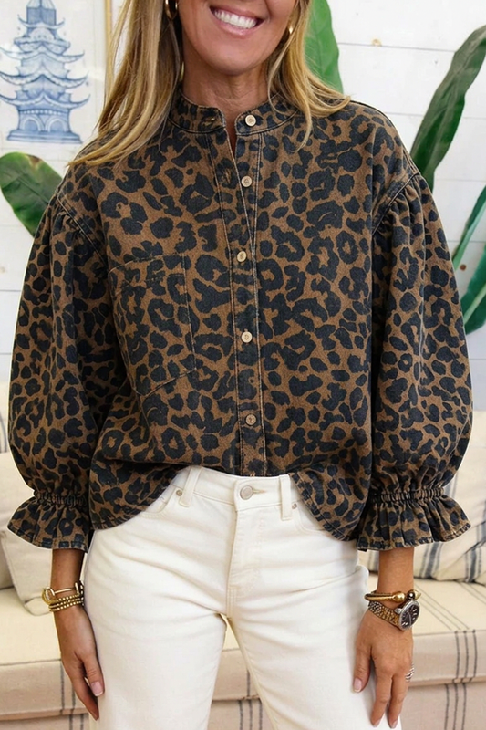 Denim Leopard Puff Sleeve Ruffle Cuff Top