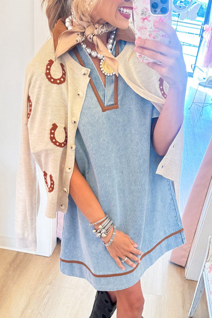 Taupe Horseshoe Print Crew Neck Button Front Cardigan