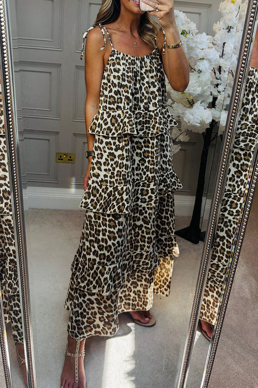 Leopard Tie straps Tier Ruffles Dress