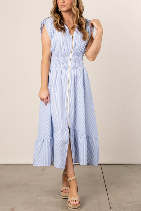 Casual Zipper Striped Pleated Hem Dress