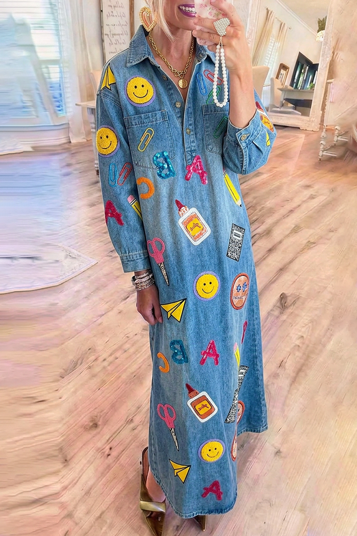 Denim Collared Henley Half Button School Theme Applique Maxi Dress