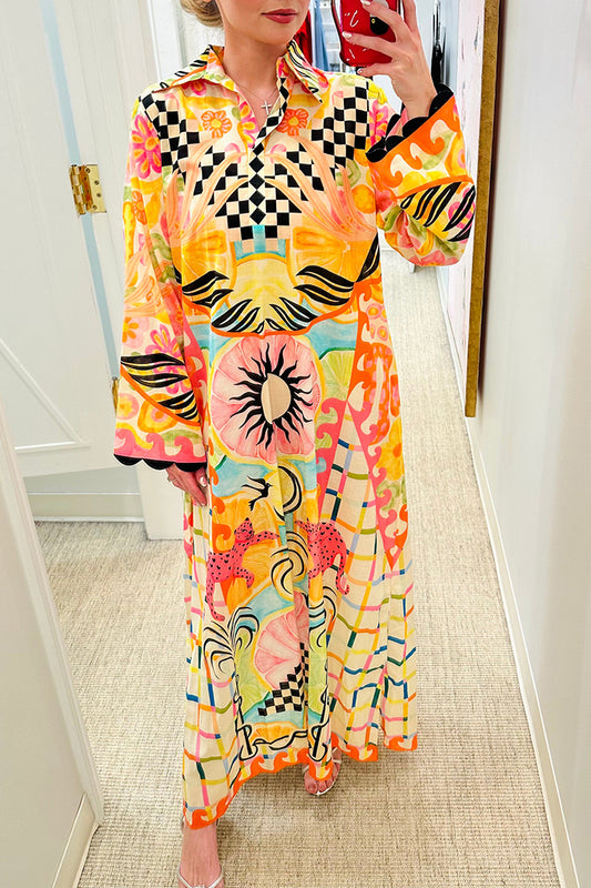 Vibrant Mixed-Print Maxi Shirt Dress