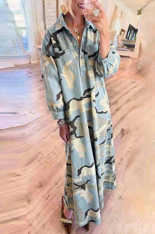 Blue Camo Pocket Long Sleeve Maxi Denim Dress