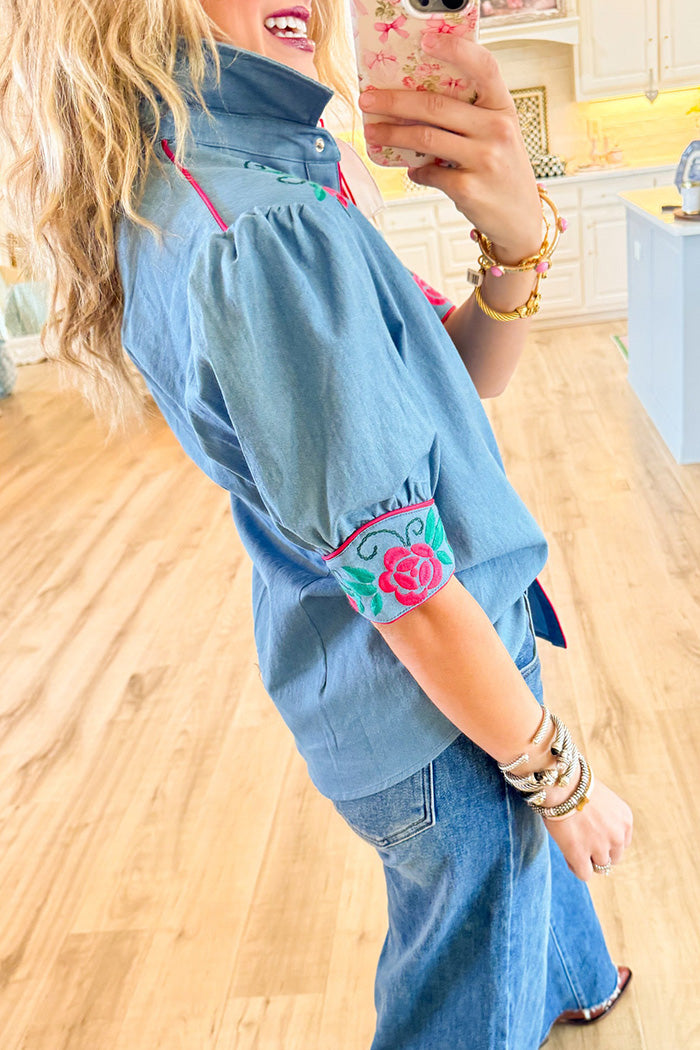 Denim Embroidered Pearl Snap Short Sleeve Top