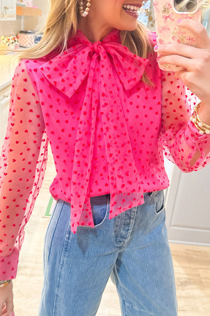 Long Sleeve Hot Pink Heart Bow Top