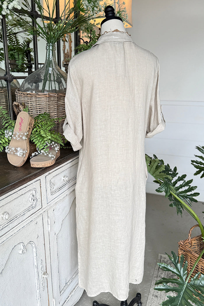 Sequin Pocket Roll Tab Sleeve Shirt Dress