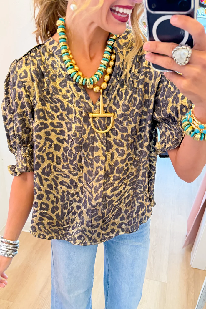 Gold Metallic Leopard Puff Sleeve Top