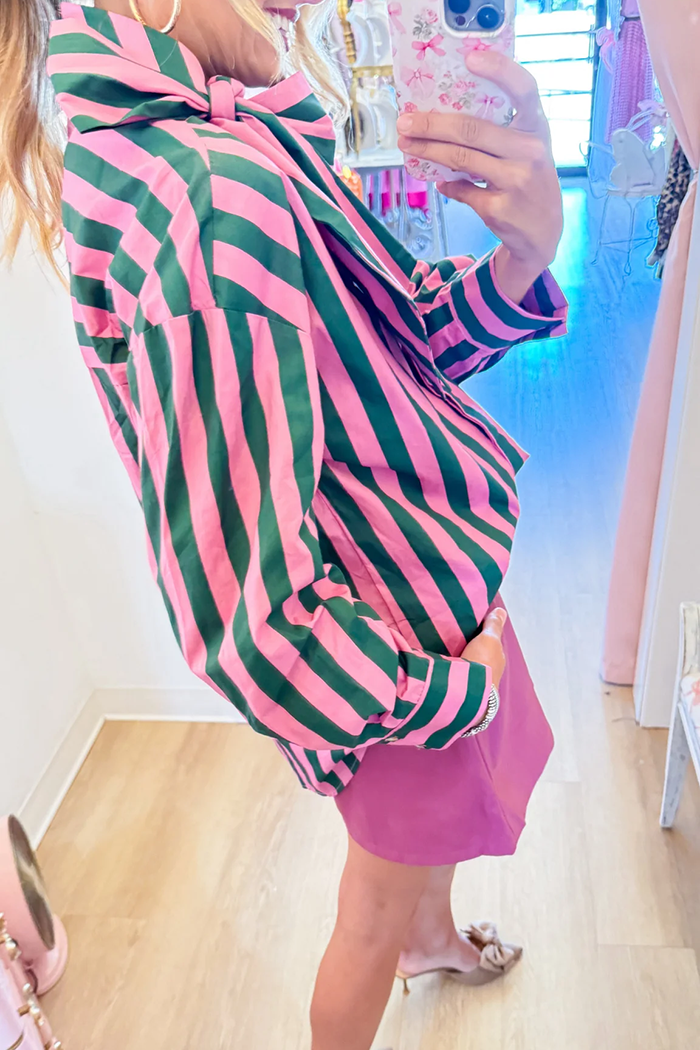 Stripe Bow Neck Long Sleeve Top