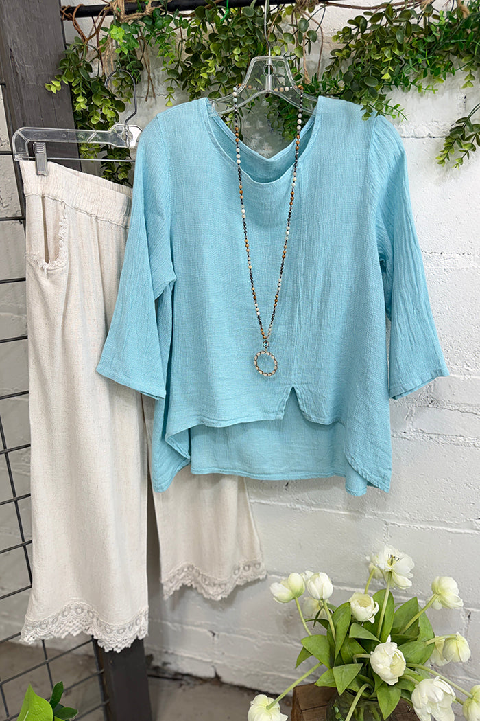Casual 3/4 Sleeve Top & Lace Hem Pants Set