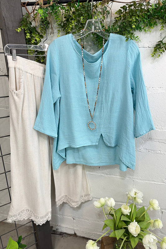 Casual 3/4 Sleeve Top & Lace Hem Pants Set