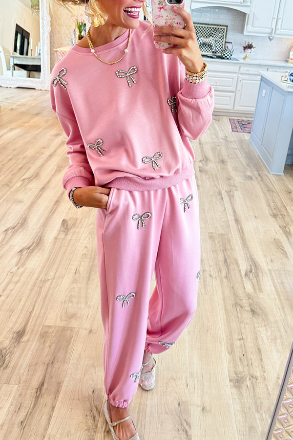 Blush Rhinestone Bow Jogger Set