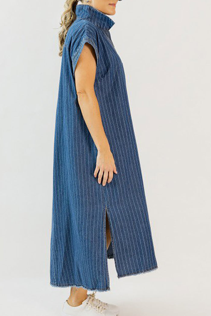 Pinstripe Denim Side Pocket Maxi Dress