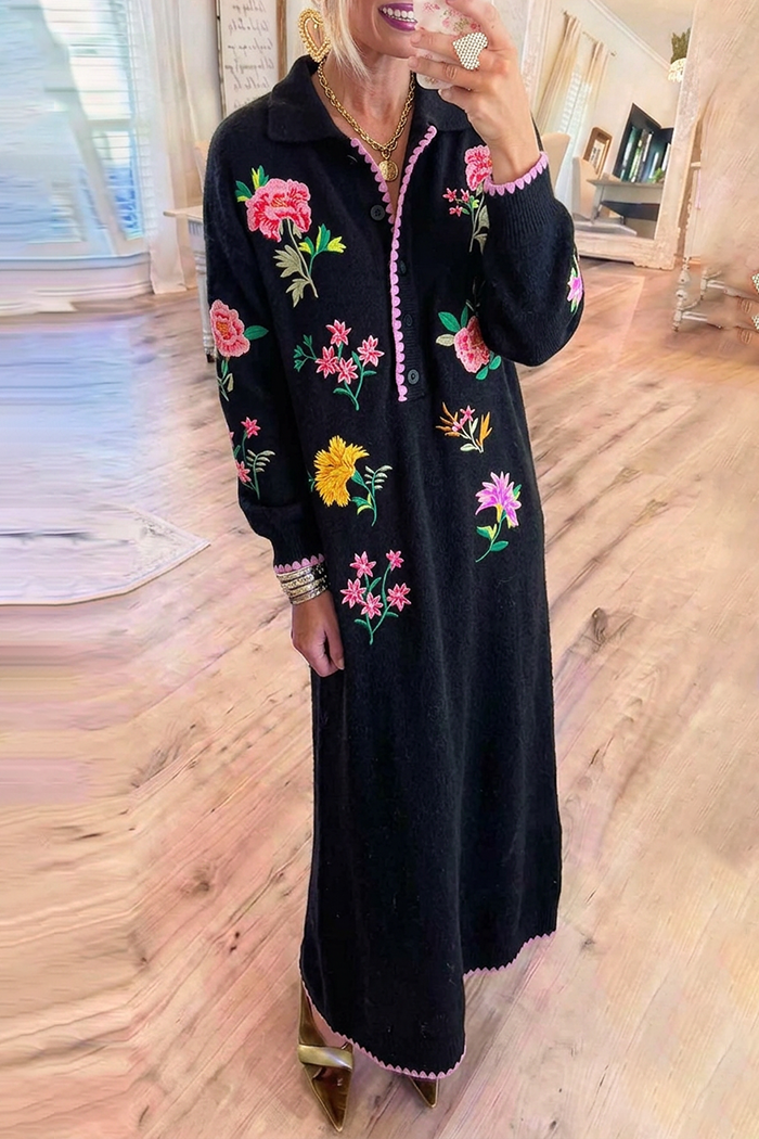 Black Collared Floral Embroidery Scallop Trim Long Sleeve Knit Maxi Dress