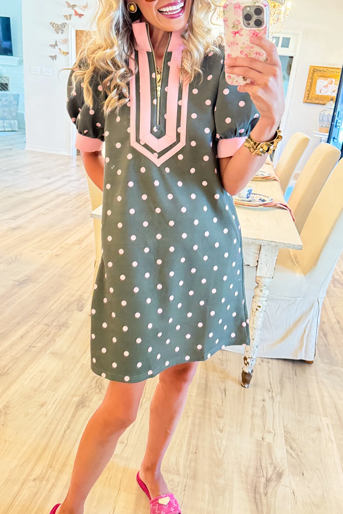 Olive Polka Dot Puff Sleeve Dress