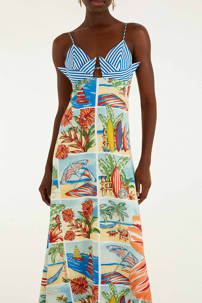 Tropical Vacation Print Striped Strap Maxi Dress