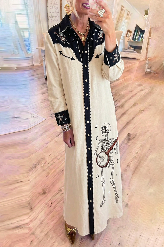 Cream Black Color Block Chest Pocket Skeleton Banjo Print Maxi Dress