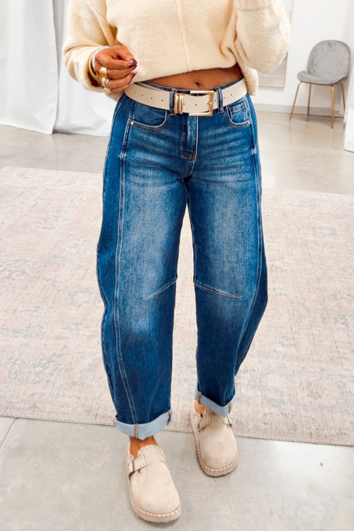Cuffed Barrel Leg High Rise Jeans
