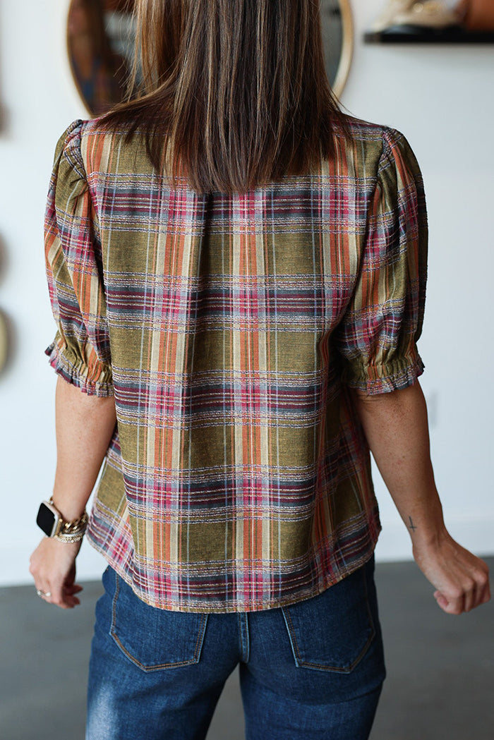 V-Neck Plaid Elastic Cuff Top